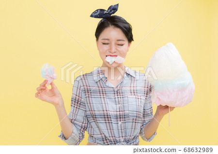 Life style concept, happy shopping time. Young asian woman with shopping bags and cart. 295 68632989