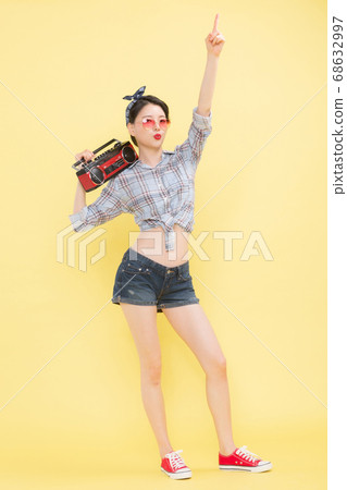 Life style concept, happy shopping time. Young asian woman with shopping bags and cart. 408 68632997