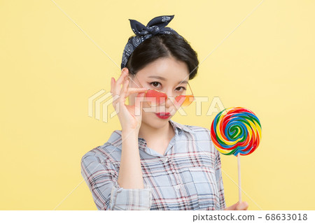 Life style concept, happy shopping time. Young asian woman with shopping bags and cart. 285 Life style concept, happy shopping time. Young asian woman with shopping bags and cart. 285 68633018