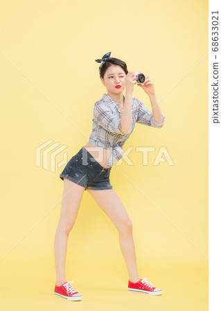Life style concept, happy shopping time. Young asian woman with shopping bags and cart. 375 Life style concept, happy shopping time. Young asian woman with shopping bags and cart. 375 68633021