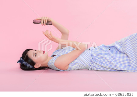 Life style concept, happy shopping time. Young asian woman with shopping bags and cart. 177 68633025