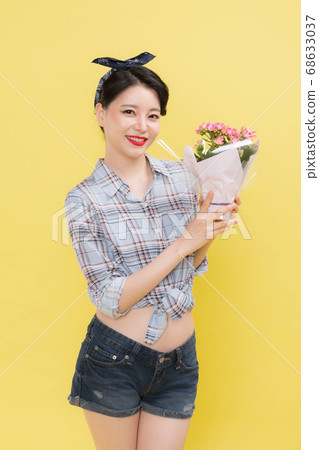 Life style concept, happy shopping time. Young asian woman with shopping bags and cart. 135 68633037