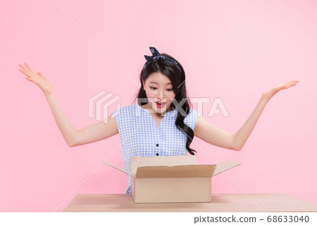 Life style concept, happy shopping time. Young asian woman with shopping bags and cart. 224 68633040