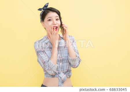 Life style concept, happy shopping time. Young asian woman with shopping bags and cart. 413 Life style concept, happy shopping time. Young asian woman with shopping bags and cart. 413 68633045