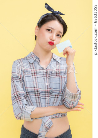 Life style concept, happy shopping time. Young asian woman with shopping bags and cart. 407 68633055