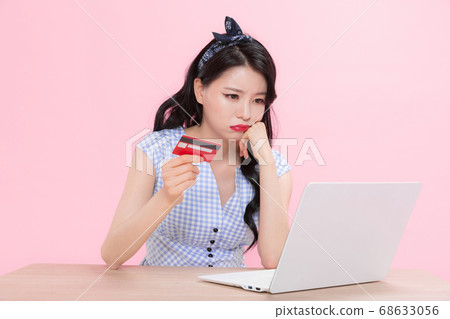 Life style concept, happy shopping time. Young asian woman with shopping bags and cart. 217 68633056