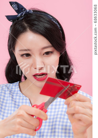 Life style concept, happy shopping time. Young asian woman with shopping bags and cart. 193 68633068