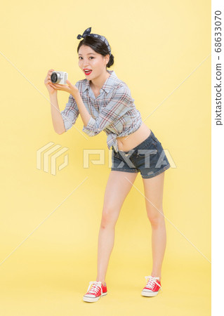 Life style concept, happy shopping time. Young asian woman with shopping bags and cart. 389 68633070