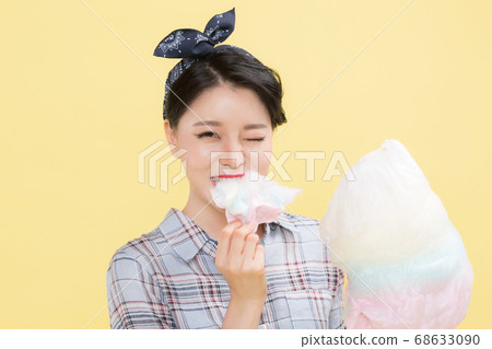 Life style concept, happy shopping time. Young asian woman with shopping bags and cart. 343 68633090