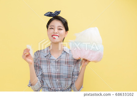 Life style concept, happy shopping time. Young asian woman with shopping bags and cart. 340 68633102