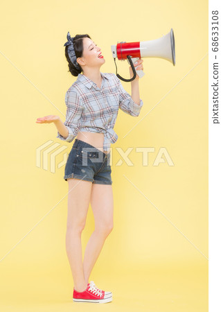 Life style concept, happy shopping time. Young asian woman with shopping bags and cart. 377 68633108