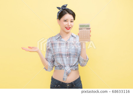 Life style concept, happy shopping time. Young asian woman with shopping bags and cart. 391 68633116