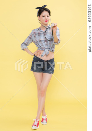 Life style concept, happy shopping time. Young asian woman with shopping bags and cart. 294 68633168