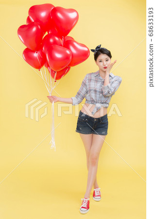 Life style concept, happy shopping time. Young asian woman with shopping bags and cart. 353 68633193