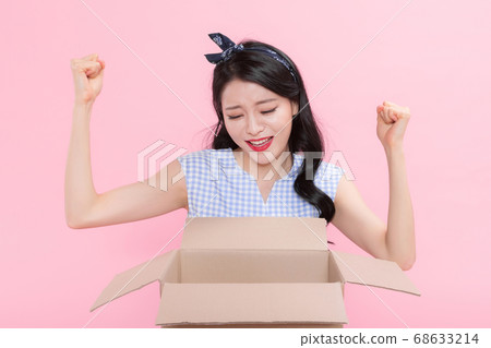 Life style concept, happy shopping time. Young asian woman with shopping bags and cart. 237 68633214