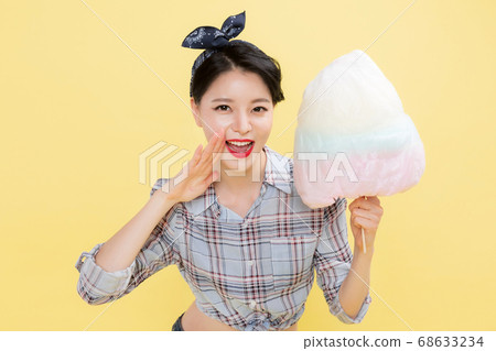 Life style concept, happy shopping time. Young asian woman with shopping bags and cart. 327 68633234