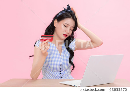 Life style concept, happy shopping time. Young asian woman with shopping bags and cart. 236 68633270