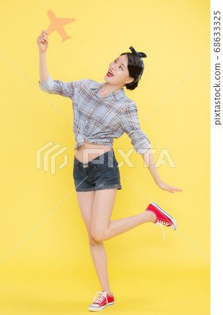 Life style concept, happy shopping time. Young asian woman with shopping bags and cart. 158 68633325