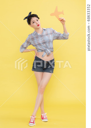 Life style concept, happy shopping time. Young asian woman with shopping bags and cart. 162 68633352