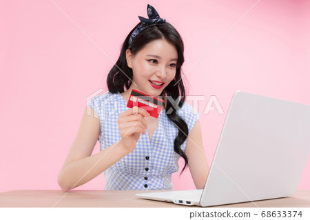 Life style concept, happy shopping time. Young asian woman with shopping bags and cart. 267 Life style concept, happy shopping time. Young asian woman with shopping bags and cart. 267 68633374