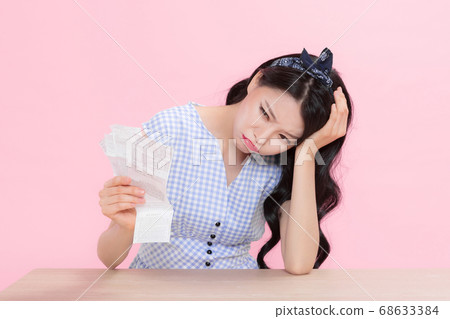 Life style concept, happy shopping time. Young asian woman with shopping bags and cart. 270 68633384