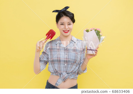 Life style concept, happy shopping time. Young asian woman with shopping bags and cart. 133 68633406