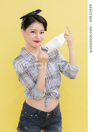 Life style concept, happy shopping time. Young asian woman with shopping bags and cart. 129 68633494