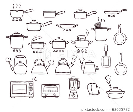 Handwritten line drawing illustration set of kitchen miscellaneous goods such as pan, kettle, frying pan Handwritten line drawing illustration set of kitchen miscellaneous goods such as pan, kettle, frying pan 68635782