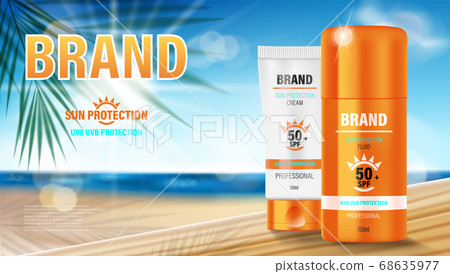 Sun protection, sunscreen and Sunblock design template. Cosmetic products ads with summer palm leaves against the sunny sky. vector illustration 68635977