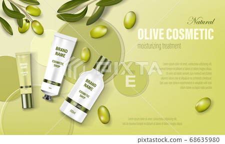 Cosmetic poster ad. Realistic glass jar with green olives, circular disks and realistic tubes. Face cream, body wash, lotion, cosmetic bottle template. Realistic 3d illustration Cosmetic poster ad. Realistic glass jar with green olives, circular disks and realistic tubes. Face cream, body wash, lotion, cosmetic bottle template. Realistic 3d illustration 68635980