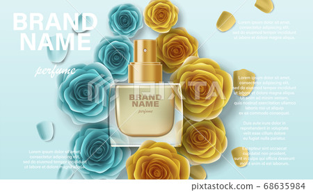 Cosmetics product perfume advertising for your design. Branding package template for promotion, banner, poster. Perfume ad with golden rose flowers 3d illustration 68635984