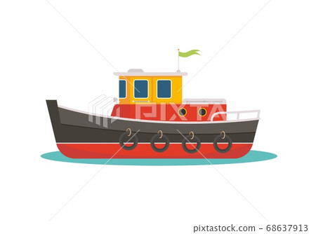 Colorful tugboat vector flat illustration. Cute 68637913
