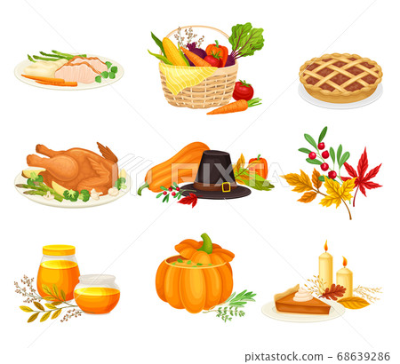 Thanksgiving Autumnal Holiday Composition with Agricultural Crops and Cooked Dishes Vector Set 68639286