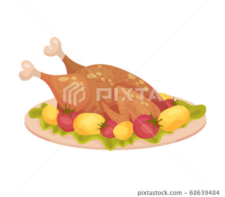 Roasted Turkey Served on Plate with Potatoes and Tomatoes as Thanksgiving Day Attribute Vector Illustration 68639484