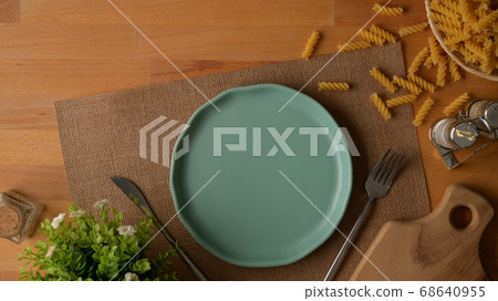 Top view of dinning table with mock up plate, Top view of dinning table with mock up plate, 68640955