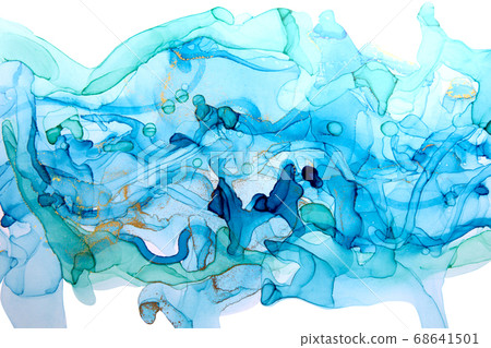 Alcohol ink blue and gold abstract background. Ocean style watercolor texture. 68641501