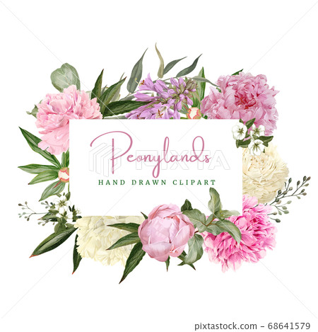 Decorative watercolor floral frame, white and pink peonies 68641579