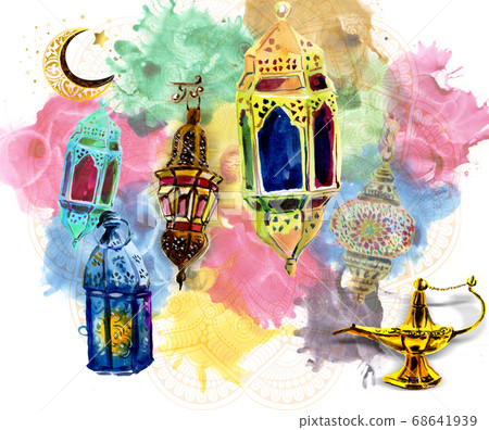 Watercolor illustration of oriental lamps. Islamic holidays. 68641939