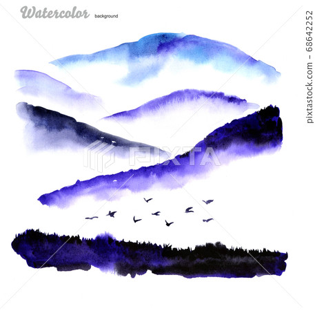 Watercolor painting of a mountain landscape with flying birds 68642252