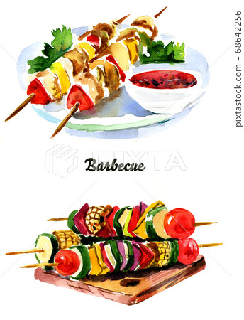 Sketch of barbecue skewers with various vegetables and meat Sketch of barbecue skewers with various vegetables and meat 68642256