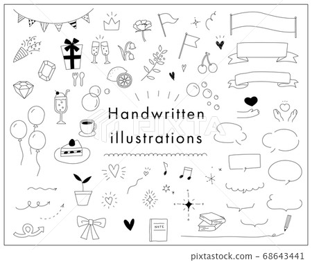 A set of various hand-drawn illustrations / Cute / Heart / Ribbon / Musical notes / Frames / Speech bubbles / Fashionable / 68643441