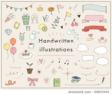 A set of various hand-drawn illustrations / Cute / Heart / Ribbon / Musical notes / Frames / Speech bubbles / Fashionable / 68643442
