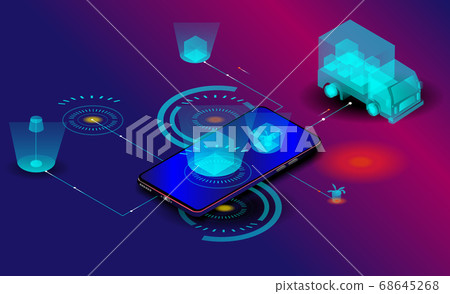 Vector drawing digital technology. Mobile applications for freight and package delivery. Digital business analysis. Conceptual illustration. Isometric vector illustration. 3D 68645268