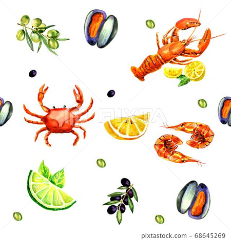 Seafood seamless pattern. Fish food endless background, texture. Underwater, sea life backdrop Seafood seamless pattern. Fish food endless background, texture. Underwater, sea life backdrop 68645269