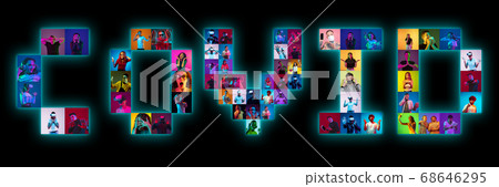 Collage of portraits of young people on multicolored background in neon light making COVID lettering Collage of portraits of young people on multicolored background in neon light making COVID lettering 68646295