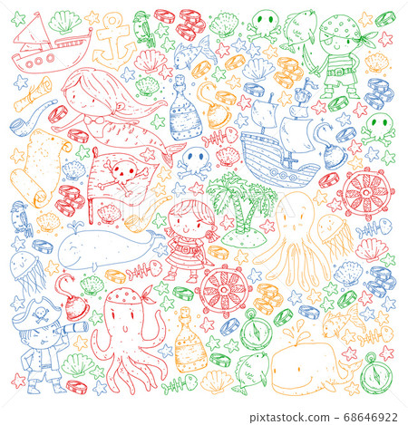 Vector pirate set in cartoon style. Sweet card with pirates, ship, whale, crab, octopus, mermaid, rum, anchor, treasure, fish, island and parrot. Vector pirate set in cartoon style. Sweet card with pirates, ship, whale, crab, octopus, mermaid, rum, anchor, treasure, fish, island and parrot. 68646922