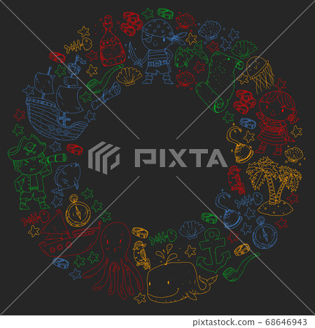 Vector pirate set in cartoon style. Sweet card with pirates, ship, whale, crab, octopus, mermaid, rum, anchor, treasure, fish, island and parrot. 68646943