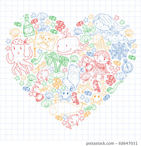 Vector pirate set in cartoon style. Sweet card with pirates, ship, whale, crab, octopus, mermaid, rum, anchor, treasure, fish, island and parrot. 68647031