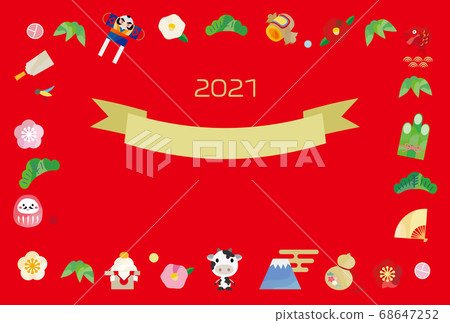 牛和幸運符圖標排列在一個框架中的新年賀卡 牛和幸運符圖標排列在一個框架中的新年賀卡 68647252