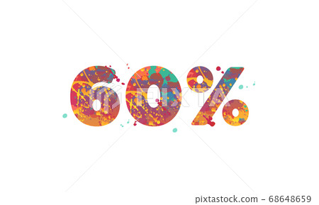 60 percent - typography inscription with multicolored spots of paint in red, yellow, teal colors on white background. 60 percent - typography inscription with multicolored spots of paint in red, yellow, teal colors on white background. 68648659